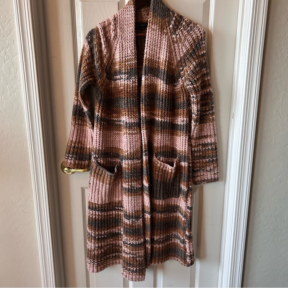 Skull Cashmere Pink and Brown Striped Open Cardigan, Chunky Cozy